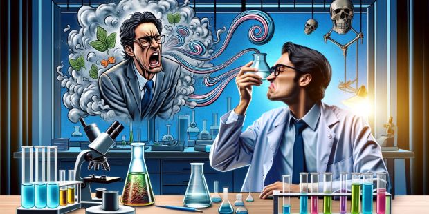Ein Wissenschaftler in einem Labor riecht an einer Probe von Kunststoffen