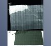 (a) Darkfield-Aufnahme einer CFK-Platte mit einer Ecke (links oben), in der nur Fasern ohne Matrix-Füllung liegen. (b) Foto der Probe. Der Pfeil zeigt die ungefüllte Stelle.