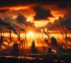 eine Industrielandschaft in Wolken gehüllt, die die Sonne verdecken