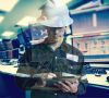 Double exposure of  Engineer or Technician man in working shirt  working with tablet in control room of oil and gas platform or plant industrial for monitor process, business and industry concept.