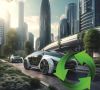 KI Foto, Hochhausscyline mit E-Sportwagen davor und einem Recyclingsymbol in Grün
