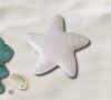 Drei Sandspielförmchen aus Plastik (ein dunkelgrüner Krebs, ein weißer Seestern und eine hellgrüne Muschel) liegen auf Sand. Die Werkstoffe können vielfältig eingefärbt werden, wie am Sandspielzeug zu sehen ist.